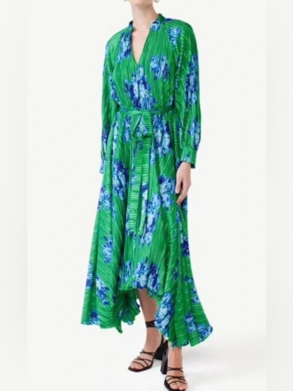 Green Floral Midi Dress with Tie Waist